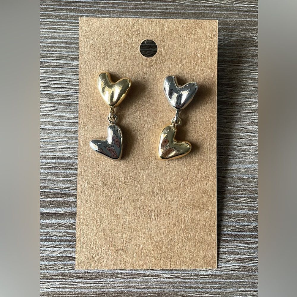 Two tone heart drop earrings A34 - Picture 2 of 4